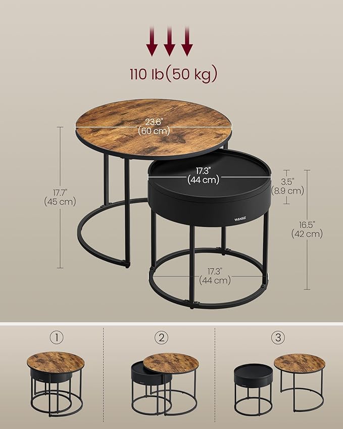VASAGLE Round Coffee Tables, Set of 2 Nesting Tables, Modern Round Side Tables with Hidden Storage and Top Tray, for Living Room, Bedroom, Office, Rustic Brown and Ink Black ULCT044K01