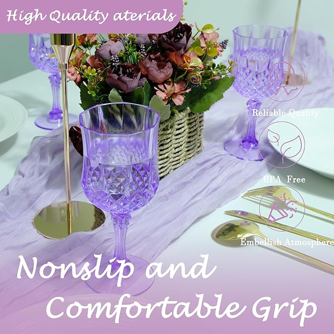 Plastic Wine Glasses，Plastic Goblets Vintage Style Cordial Drinking Glasses for Wedding Reception, Grand Event Party Supplies (24, Purple)