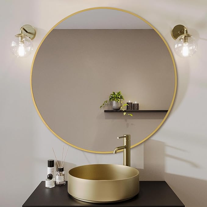 Gold Round Mirror,Bathroom 30 Inch Vanity Wall Mirror,Modern Circle Mirror for Wall,Wood Mirror for Bedroom Living Room Entryway