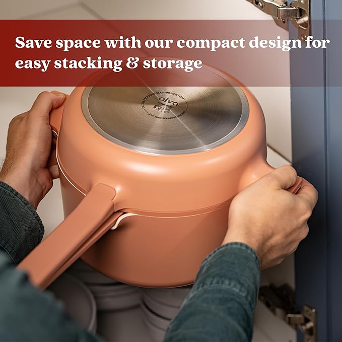 Alva Neat 5-Piece Nesting Cookware Set – Stackable Nonstick Pots & Pans with Universal Lids, Space-Saving Design for Apartments, RVs & Compact Storage - Save 50% Cabinet Space