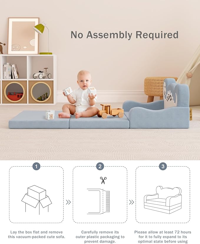 2-in-1 Kids Couch Fold Out, Convertible Toddler Couch to Lounger, Toddler Chair Comfy, Kids Sofa for Girls and Boys, Gift for Birthday, Children's Day, Dinosaur Blue