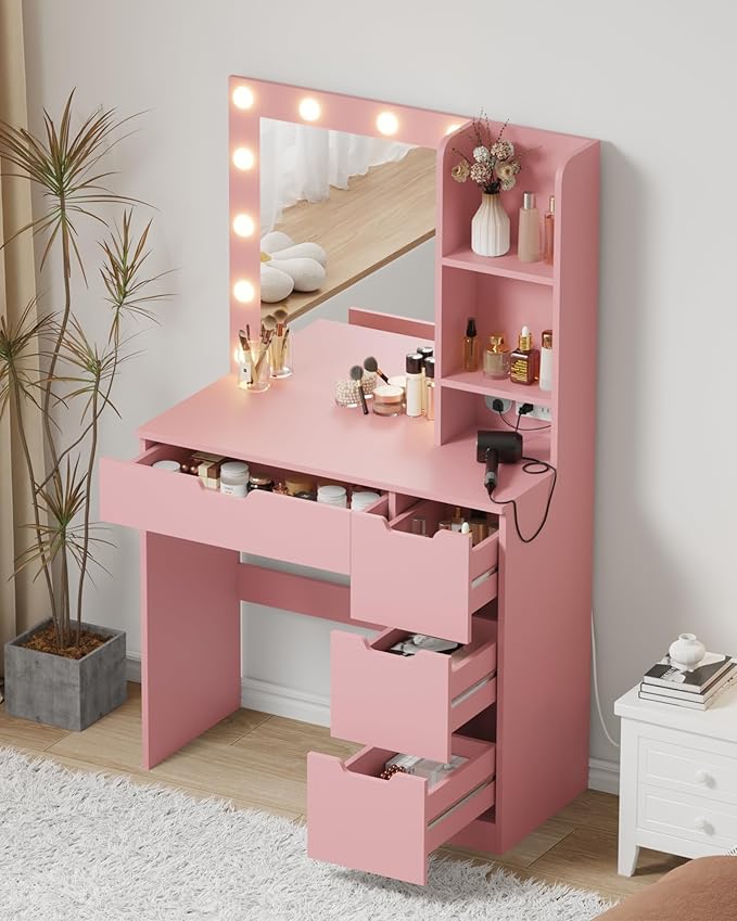 Garvee Vanity Desk with Mirror and Lights - Makeup Vanity Desk with 4 Drawers, Built-in Power Outlet & USB, Adjustable LED Lighting, Makeup Table for Bedroom (Pink)