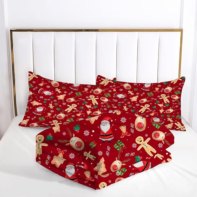 Red Christmas Comforter Set Full/Queen for Girls, Cartoon Santa Claus Christmas Tree Gingerbread Man Printed Bedding Set, Xmas Bed Set with 1 Comforter and 2 Pillowcases
