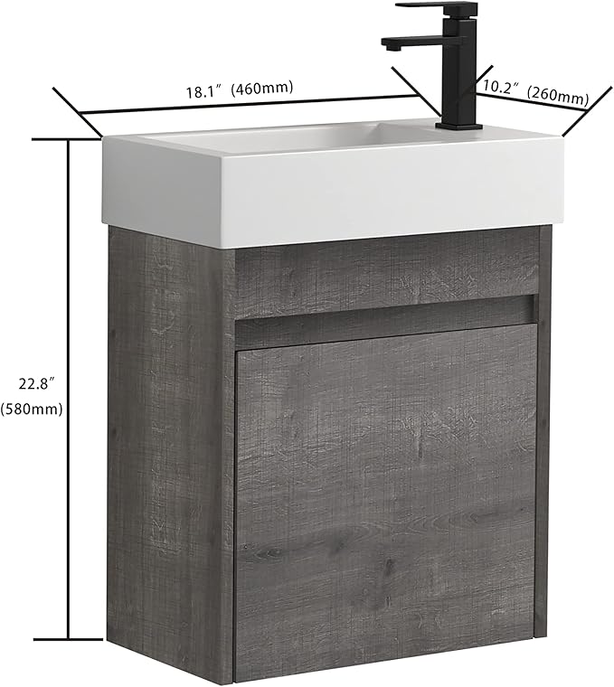 Goujxcy 18" Wall Mounted Bathroom Vanity with Sink, Modern Floating Bathroom Cabinet with White Resin Wash Basin & Storage Cabinet, Soft-Close Door Wood Hanging Bath Room Cabinet