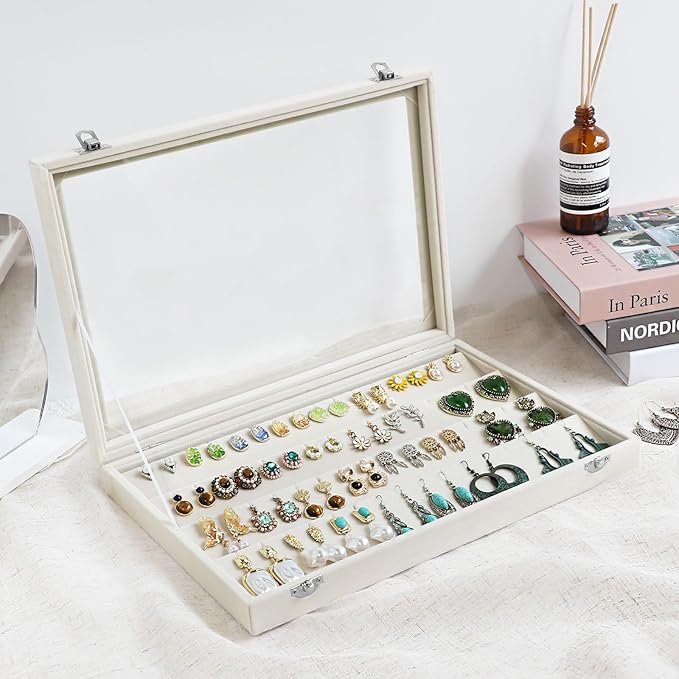 Wudygirl Jewelry Organizer Velvet Earring Organizer with Clear Lid 32 Pairs Earring Holder Jewelry Tray Display Case (Beige 64 Slot)