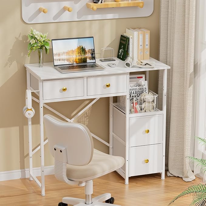 Small Computer Desk with 4 Fabric Drawers, Simple Writing Desk for Home Office, Compact Study Desks for Small Spaces, Kids Desk Study for Bedroom, White