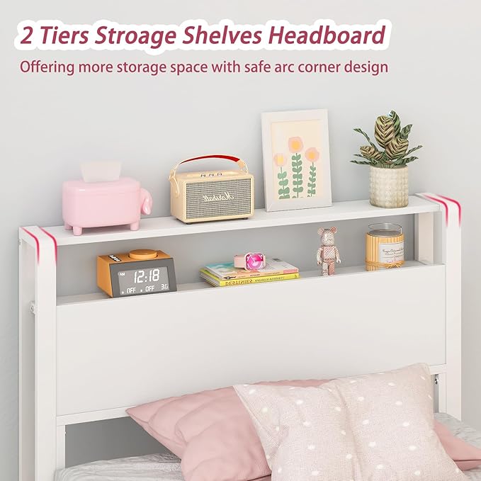Weehom Twin Bed Frames for Kids, Twin Size Bed with 2 Tiers Wood Shelves Headboard No Box Spring Needed Easy Assembly Heavy Duty Metal Plaform, White