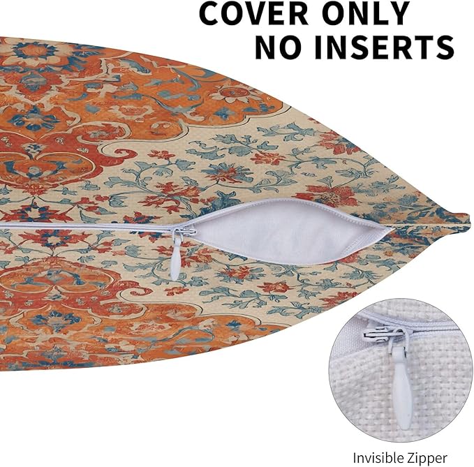 Blue Orange Boho Floral Pillow Covers 20x20 Inch Set of 2 Fall Bohemian Vintage Carpet Pattern Decorative Outdoor Throw Pillows Farmhouse Decor Cushion Covers for Sofa Bed Couch Living Room