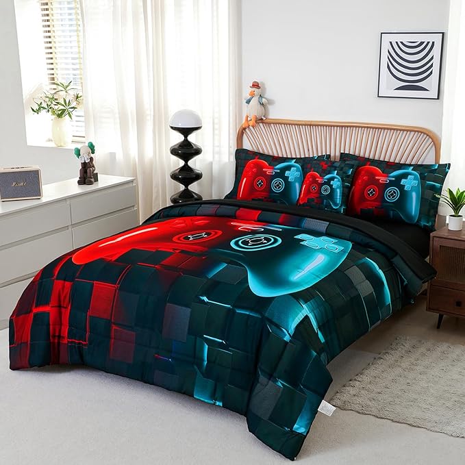 PERFEMET Boys Bedding Set Full 6 Pieces Red and Teal Video Game Kids Bed in A Bag 3D Cool Soft Lightweight Girls Teens Gamer Bed Set with Sheets(Red Teal, Full)