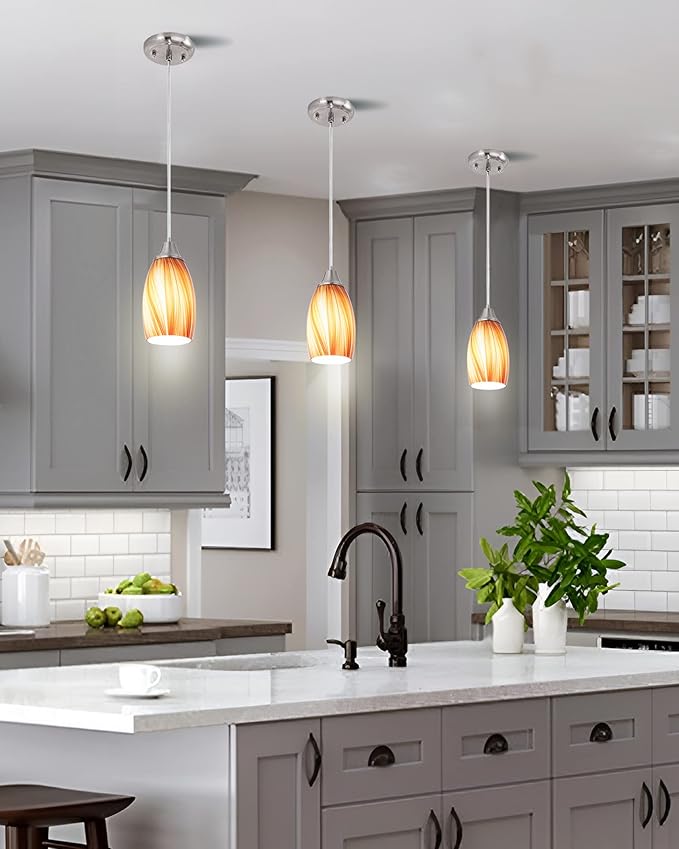Art Glass Mini Pendant Lights for Kithen Island Blown Glass Pendant Lighting Shade with Brushed Nickel Finish 3Pack Hanging Pendant Light Kitchen Counter,Dining/Living Room Red Orange