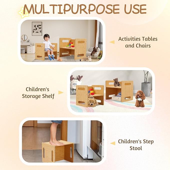 Montessori Table and Chair Set,Bamboo Wood Weaning Table and Chair Set,Adjustable Height Kids Montessori Furniture for Reading,Dining,Playing(Big Size)