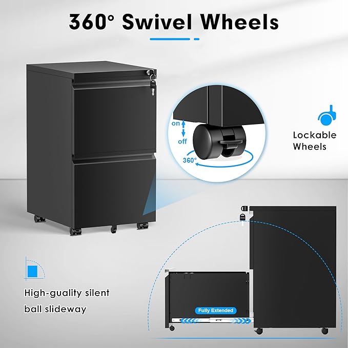 Greenvelly 2 Drawer Mobile File Cabinet with Lock, Metal Filing Cabinet on Wheels, Under Desk File Cabinet for Home Office Organizer Letter/Legal/A4 File (Assembly Required, Black)