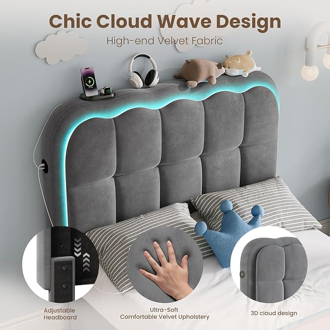 Twin Bed Frame with Storage Drawers and Headborad, Upholstered LED Twin Size Platform Bed Frame for Kids – Sturdy Metal Bed Frame Twin with Wood Slats Support, No Box Spring Needed,Grey