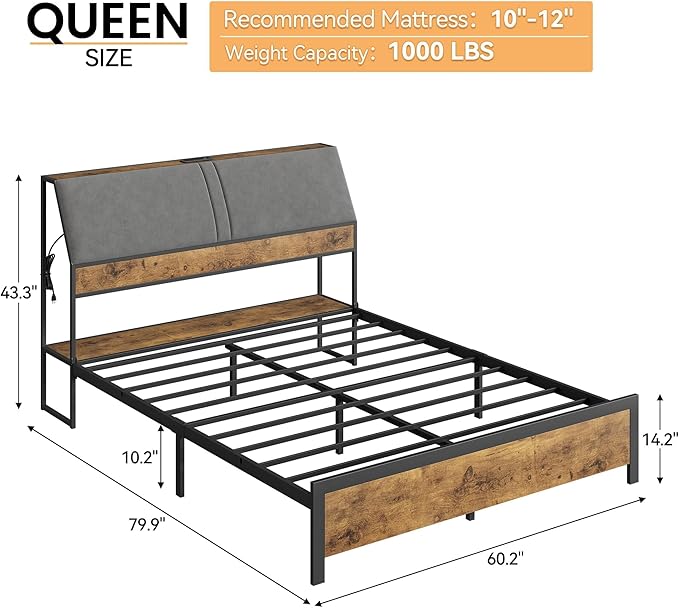 Queen Size Platform Bed Frame with Ergonomic Upholstered Headboard, Built-in Charging Station, Storage Headboard, Sturdy Metal Slats, No Box Spring Needed, Easy Assembly
