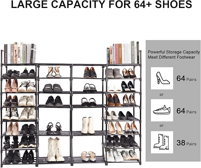 Mavivegue Extra Large Shoe Rack, 8 Tier 4 Rows 72-76 Pairs Big Tall Metal Shoe Shelf,Big Boot Rack Storage Organizer for Garage,Show Rack Shoe Holder Stand,Closet Rack Organizers and Storage