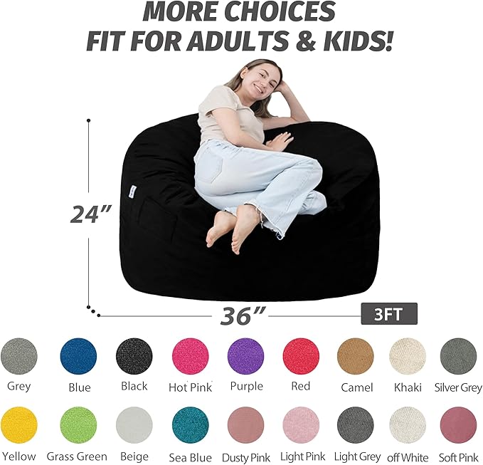 3FT Bean Bag Chair with Ultra Soft Velvet Cover Bean Bag Sofa with Memory Foam Bean Bag Chairs with Large Size Lazy Sofa for Dorm Office Living Room Bedroom Black 3'