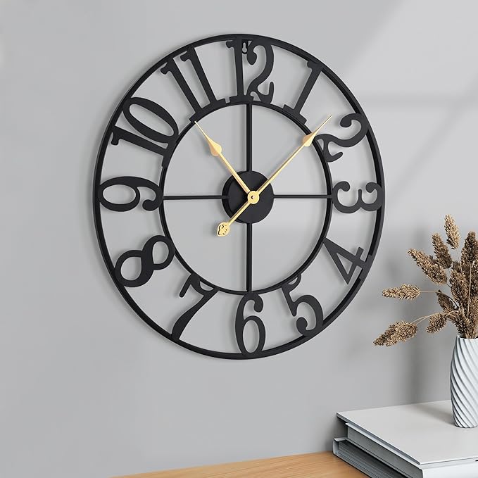 Wall Clock Battery Operated,Silent Non Ticking Modern Rustic Metal Small Clocks for Living Room/Bedroom/Office/Kitchen/Farmhouse Home Decor-16IN(Arabic Number-Black)