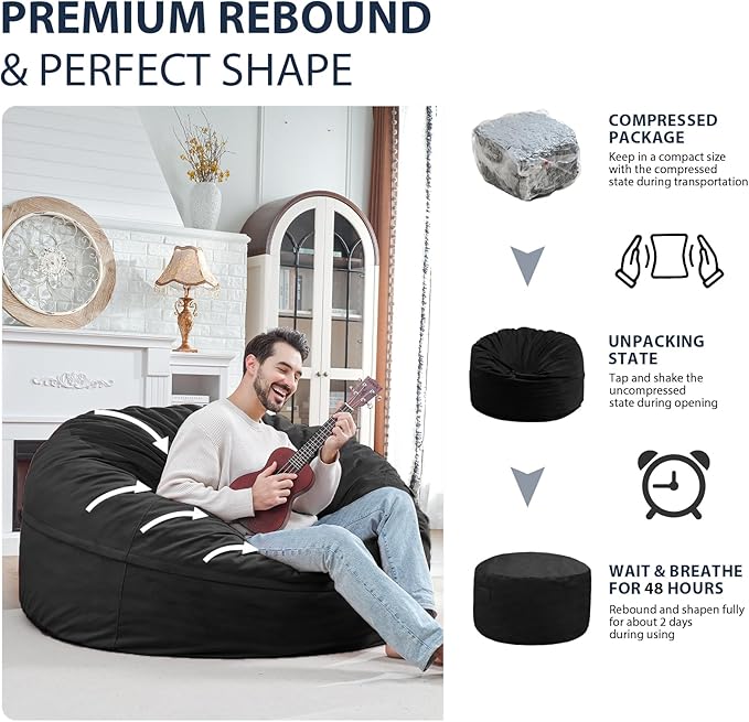 5FT Bean Bag Chair, Large Bean Bag Chairs with Memory Foam Filled, Fluffy Beanbag Sofa with Dutch Velvet Cover, Round BeanBag Chairs for Living Room, Playroom - Black