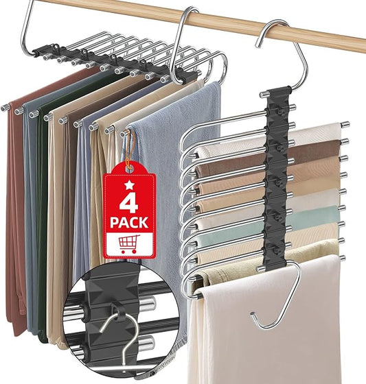 Upgrade 9 Layers Pant Hangers Space Saving, Non Slip Stainless Steel Multifunctional Pants Rack S-Type Clothes Pant Closet Hanger Organizer with Hooks for Pants Jeans Trousers Scarf (4 Pack, Black)