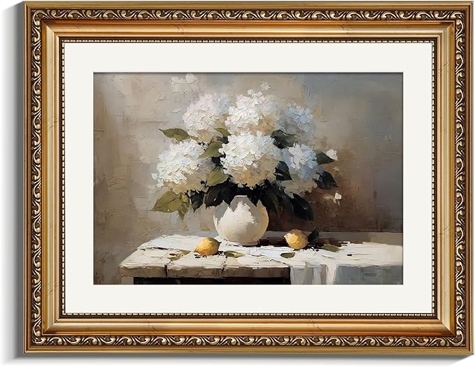 VIYYIEA Gold Framed Wall Art, Hydrangea Canvas Print Home Decor Vintage Art Painting Picture Bathroom Wall Decor, Flowers Artwork for Living Room Bedroom Kitchen Office - 14L x 11W