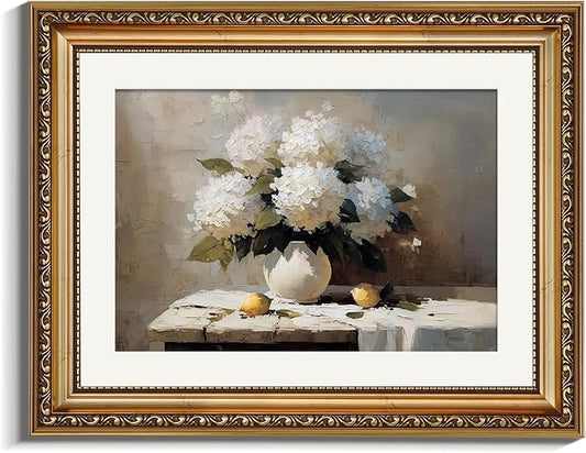 VIYYIEA Gold Framed Wall Art, Hydrangea Canvas Print Home Decor Vintage Art Painting Picture Bathroom Wall Decor, Flowers Artwork for Living Room Bedroom Kitchen Office - 14L x 11W