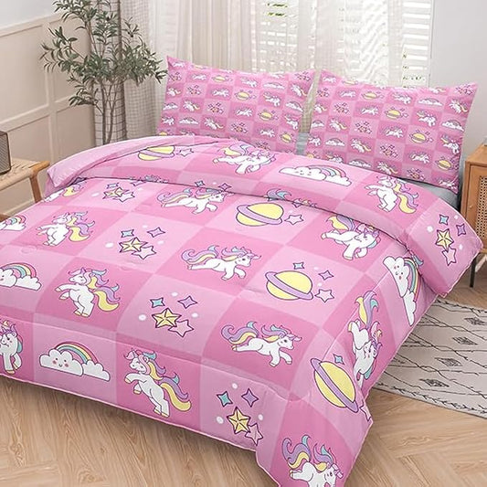 Tailor Shop Pink Full Bedding Sets for Girls Kids Chessboard Grid Unicorn Comforter Girls Comforter Set Unicorn Room Decor Ultra Soft Bed Set with 2 Pillowcase…