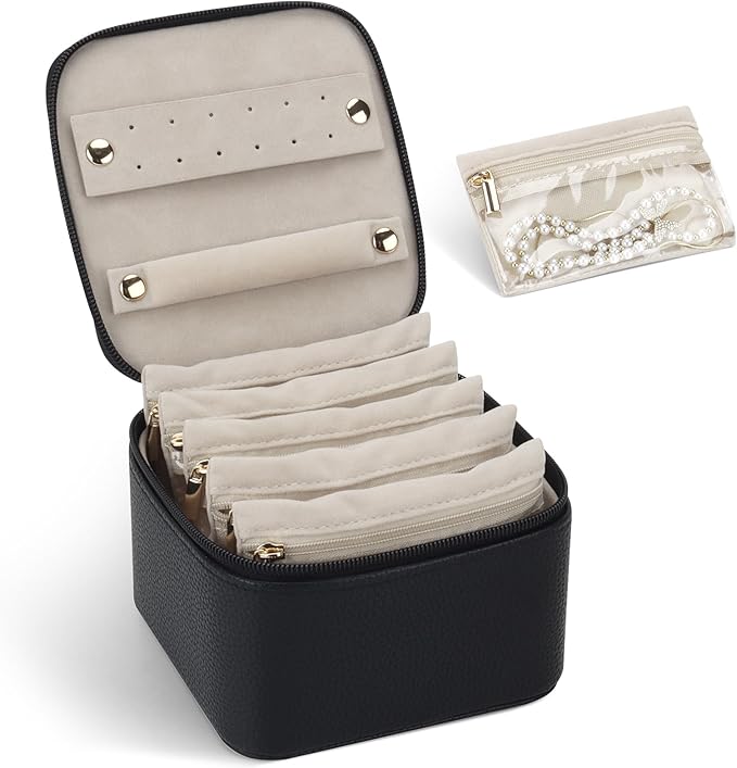 DesignSter Small Jewelry Box, Travel Small Jewelry Organizer with Earring Tray and Ring Holder, Square Travel Jewelry Storage Case with 6 Velvet Jewelry Pouches, Black