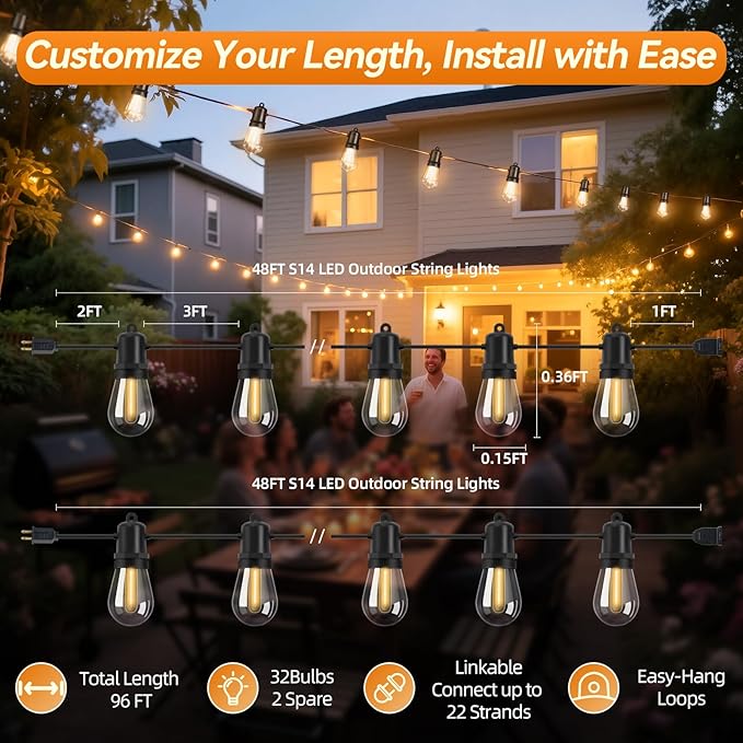 96FT Total LED Outdoor String Lights 2-Pack Dimmable Commercial Grade S14 Bulbs IP44 Weatherproof & Shatterproof for Large Patio Cafe Event