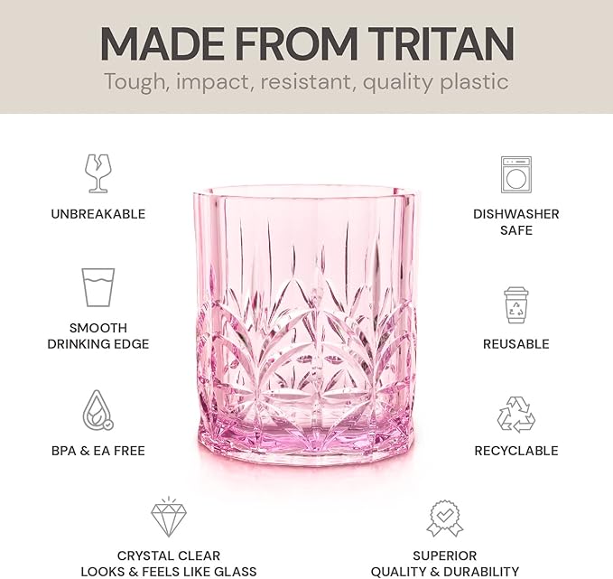 BELLAFORTE Shatterproof Tritan Plastic Short Tumbler, Set of 4, 13oz - Myrtle Beach Unbreakable Crystal Cut Old Fashioned Drinking Glasses for Whiskey - BPA Free - Dishwasher Safe - Pink