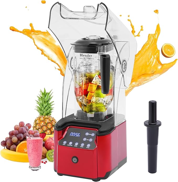 Commercial Blender with Soundproof Shield, Quiet Professional Blender, Intelligent Touch Buttons Countertop Smoothie Mixer, Adjustable Speed Smoothie Juicer