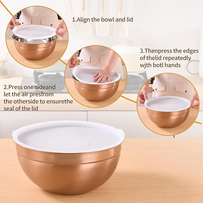 Rose Gold Mixing Bowls With Airtight Lids,Stainless Steel Bowl,Salad Bowls 5 Piece Colorful Nesting Bowl Rose Gold Kitchen Accessories,Size 5.5,3.6,2.7,2.1,1.5QT Stackable Design