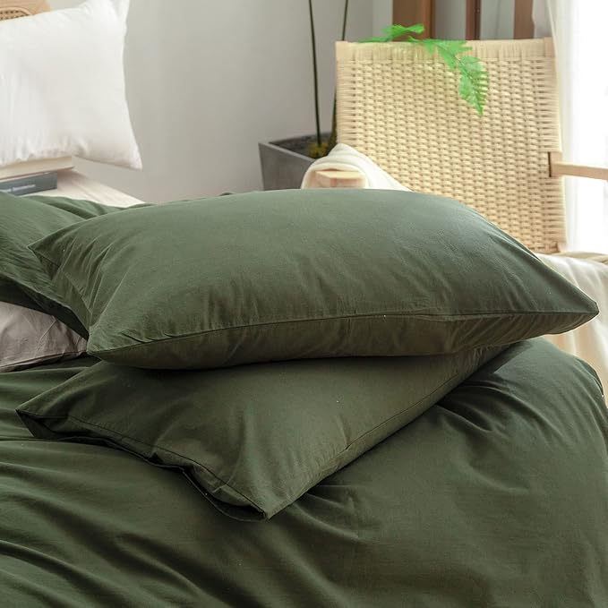 BESTOUCH Duvet Cover Set 100% Washed Cotton Linen Feel Super Soft Comfortable Chic Lightweight 3 PCs Home Bedding Set Solid Olive Green Oversized Queen
