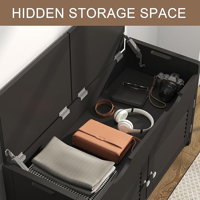 ChooChoo Shoe Storage Bench with Lift Top Storage, Entryway Bench with 2 Cushioned Seats, 3 Compartments, Adjustable Shelf, Shoe Cabinet for Entryway, Bedroom, Living Room, Black