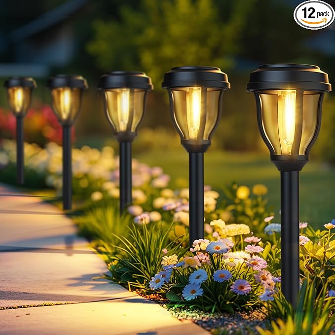 DERAYSION 12 Pack Solar Lights Outdoor, Solar Pathway Lights Auto On/Off Waterproof Garden Landscape Lighting for Path, Yard, Walkway, Driveway Decor