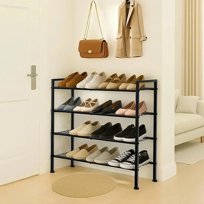Simple 4 Tier Shoe Rack,Metal Stackable Shoe Storage Organizer for Closet,Entryway, Bedroom, Black (Black, 4-Tier)