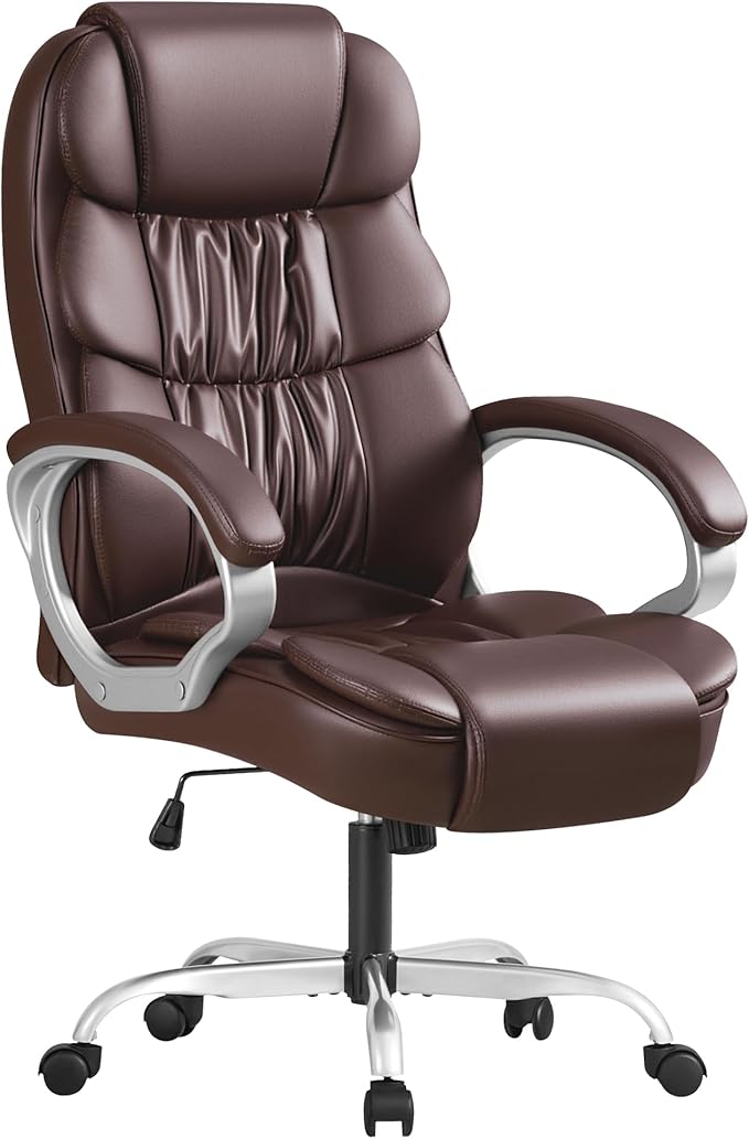 Furmax Leather High Back Office Chair Ergonomic Executive Office Chair Swivel Computer Desk Chair Lumbar Support Soft Cushioned Padded Arms (Brown)