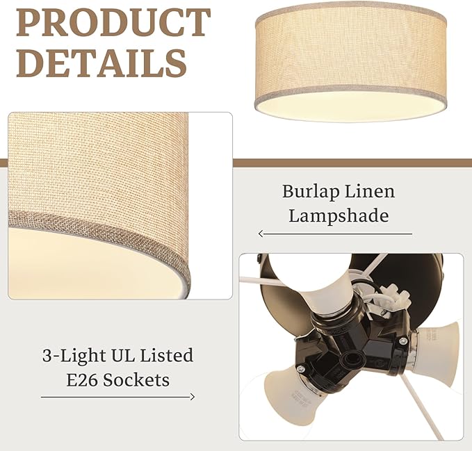 13 Inch Flush Mount Ceiling Light with Burlap Linen Drum Shade, Semi Flush Mount Ceiling Fixture, 3-Light Drum Light Fixture,Rustic Farmhouse Style for Bedroom, Living Room, Hallway, Entryway