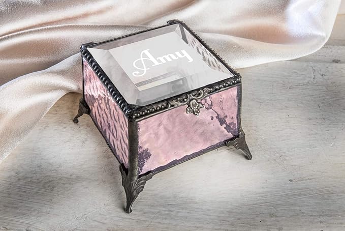 Personalized Engraved Jewelry Box Decorative Vanity Display Stained Glass Keepsake - J Devlin Box 903 EB217-1 (Pink)