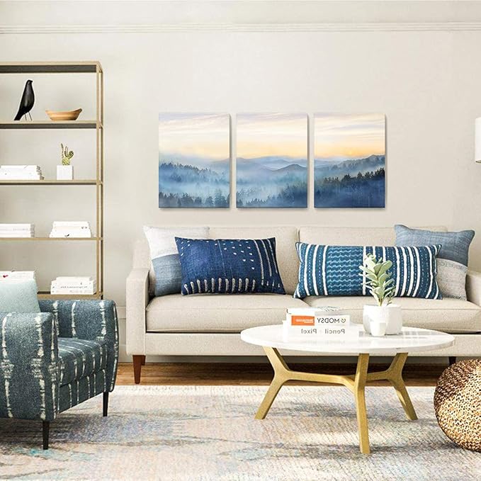 Wall Decor for Bedroom 3 Panel Sunrise Misty Forest Print Picture Paintings Wall Art for Living Room Bathroom Framed Canvas Artwork Modern Room Wall Decorations Size 12x16 x 3 Piece Ready to Hang