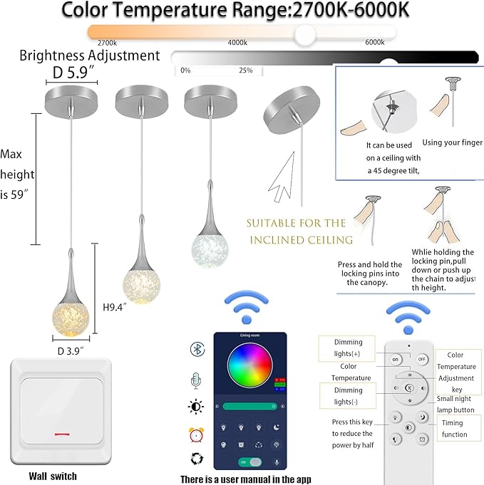 Flashing God Silver 1 Light Teardrop Crystal Pendant Lighting,Integrated Pendant Light with Crystal Bubble for Kitchen Island Globe Fixtures, Chromed Finishe 2700k 4500k 9000k