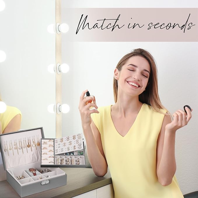 Jewelry Box for Women Girls, 2 Layers Jewelry Organizer Container with Lock, PU Leather Storage Case with Removable Tray, Jewelry Display Box for Necklaces Earrings Bracelets Rings Watches (Grey)