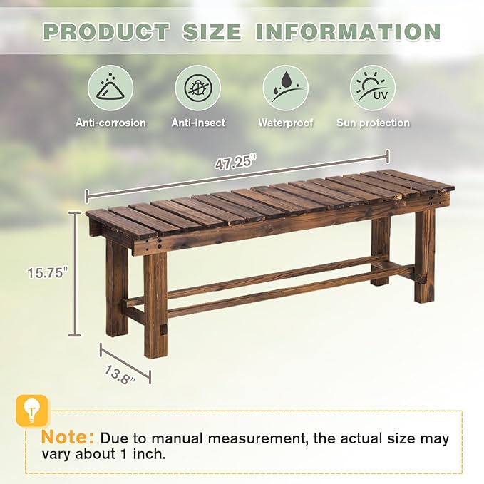 Outdoor Garden Bench, 3-Person Wood Patio Bench Weatherproof Outdoor Backless Bench, Anti-Corrosion and Anti-Rust Garden Benches for Garden Lawn Porch Park Backyard (Carbonized,47.25''/120cm)