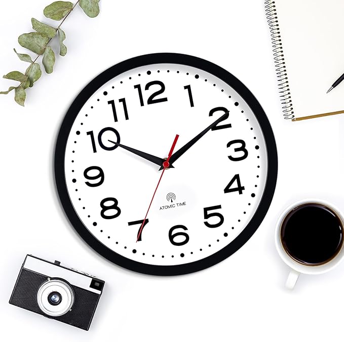 Atomic Wall Clock 12 Inch, Modern Clock Battery Operated Classic Analog Decorative for Kitchen, Living Room, Office, Bedroom, Bathroom (Black)