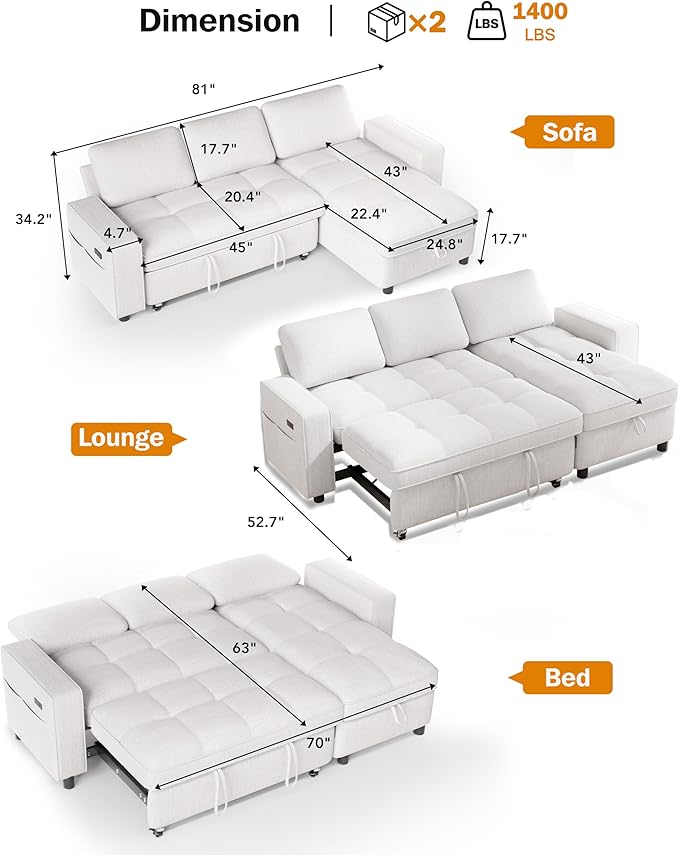 Vipbear Chenille Sleeper Sectional Sofa, 81" L Shaped Couch with Pull Out Bed, Convertible Cloud Sofa with Reclining Backrest | Reversible Storage Chaise | USB Ports | Tool-Free Assembly | Beige