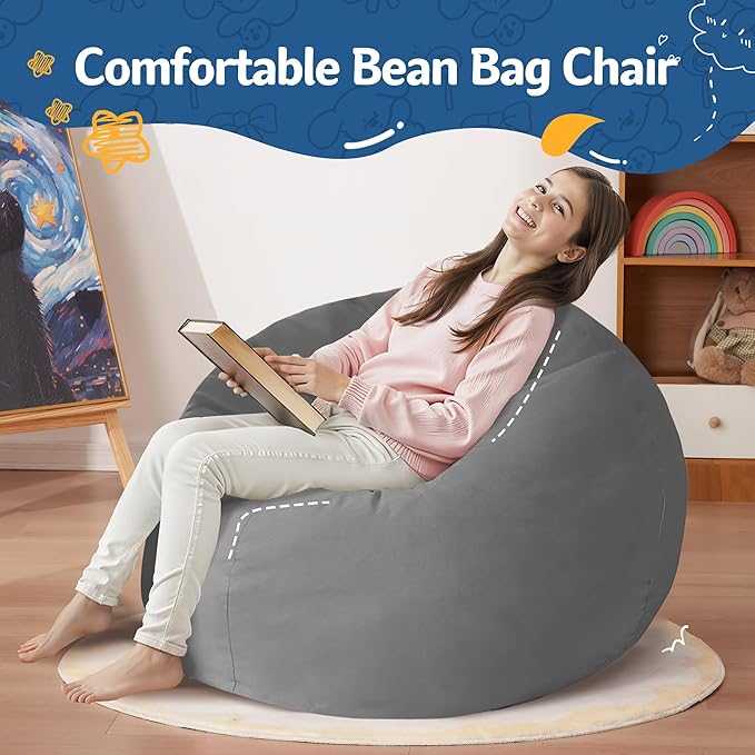 Homguava 2FT Bean Bag Chair: 2' Bean Bags with Memory Foam Filled,Comfy Beanbag Chairs Round Bean Bag Sofa with Dutch Velvet Cover-Light Grey