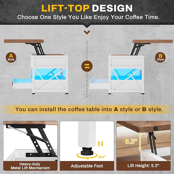 Itaar 40" Lift Top Coffee Table, 4 in 1 White Coffee Tables with Storage for Living Room, Small Coffee Table with 2 Drawers & LED Light for Dining Room, White and Rustic Brown