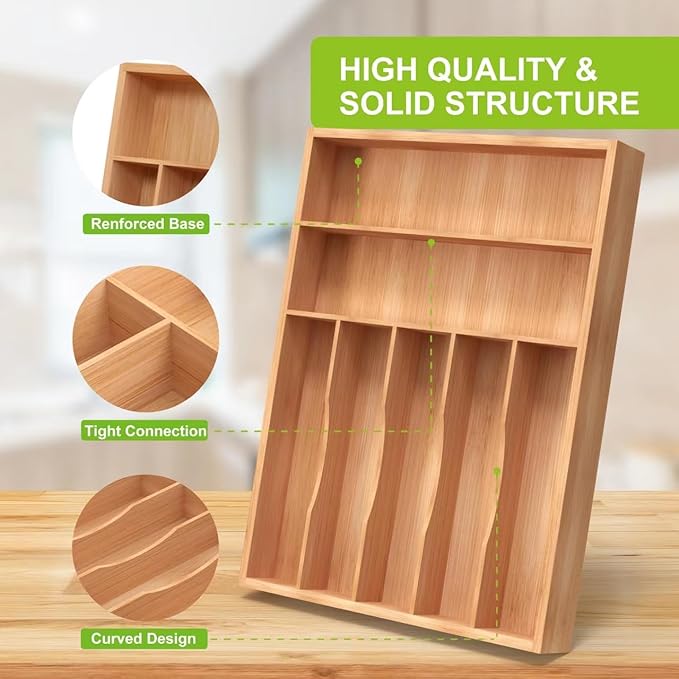 Bamboo Utensil Drawer Organizer, Silverware Tray Organizer, Kitchen Drawer Organizer for Flatware Cutlery, Silverware Tray for Drawer (brown, Large 16.5x12.3 Inch)