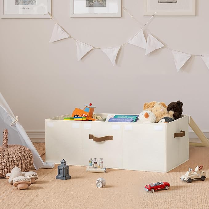StorageWorks Large Toy Storage Bins with Lids, Collapsible Sturdy Toy Chests, Storage Chests with Dividers for Nursery, Living Room, Playroom, Bedroom, Beige