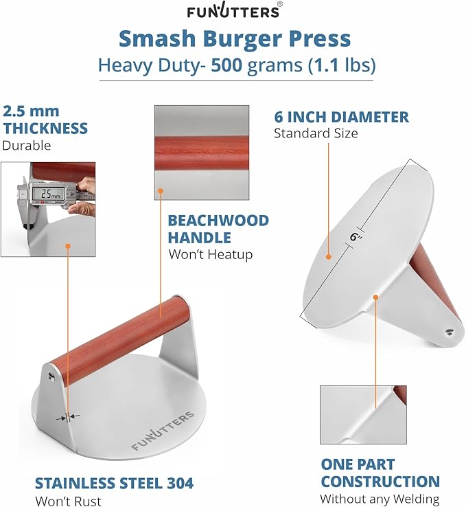 Smash Burger Press Patty Maker, 6'' Hamburger Smasher Tool, Heavy-Duty Stainless Steel 304, BBQ Grill and Flattop Griddle Accessory - Commercial Grade