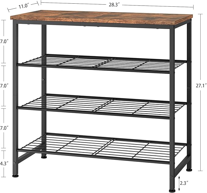usikey 4-Tier Shoe Rack, Industrial Shoe Storage Organizer for 9-12 Pairs of Shoes, Metal Shoe Shelf with Wooden Top, Shoe Stand with 3 Metal Shelves for Entryway, Hallway, Closet, Rustic Brown